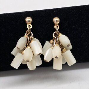 Vintage Dangling Mother of Pearl Cluster Earrings & Gold-Tone Metal